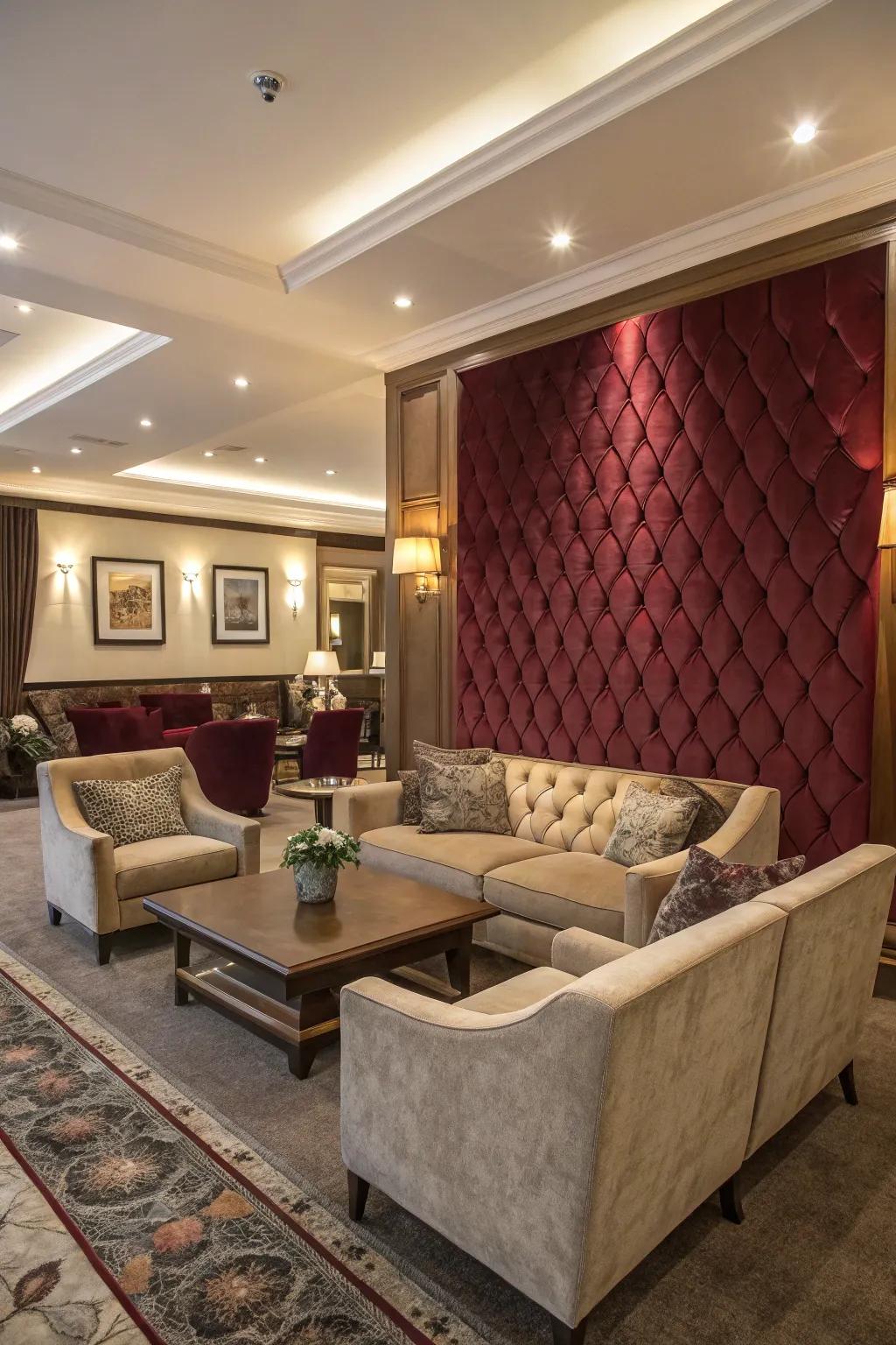 A lounge area featuring a velvet-covered accent wall for a luxurious feel.