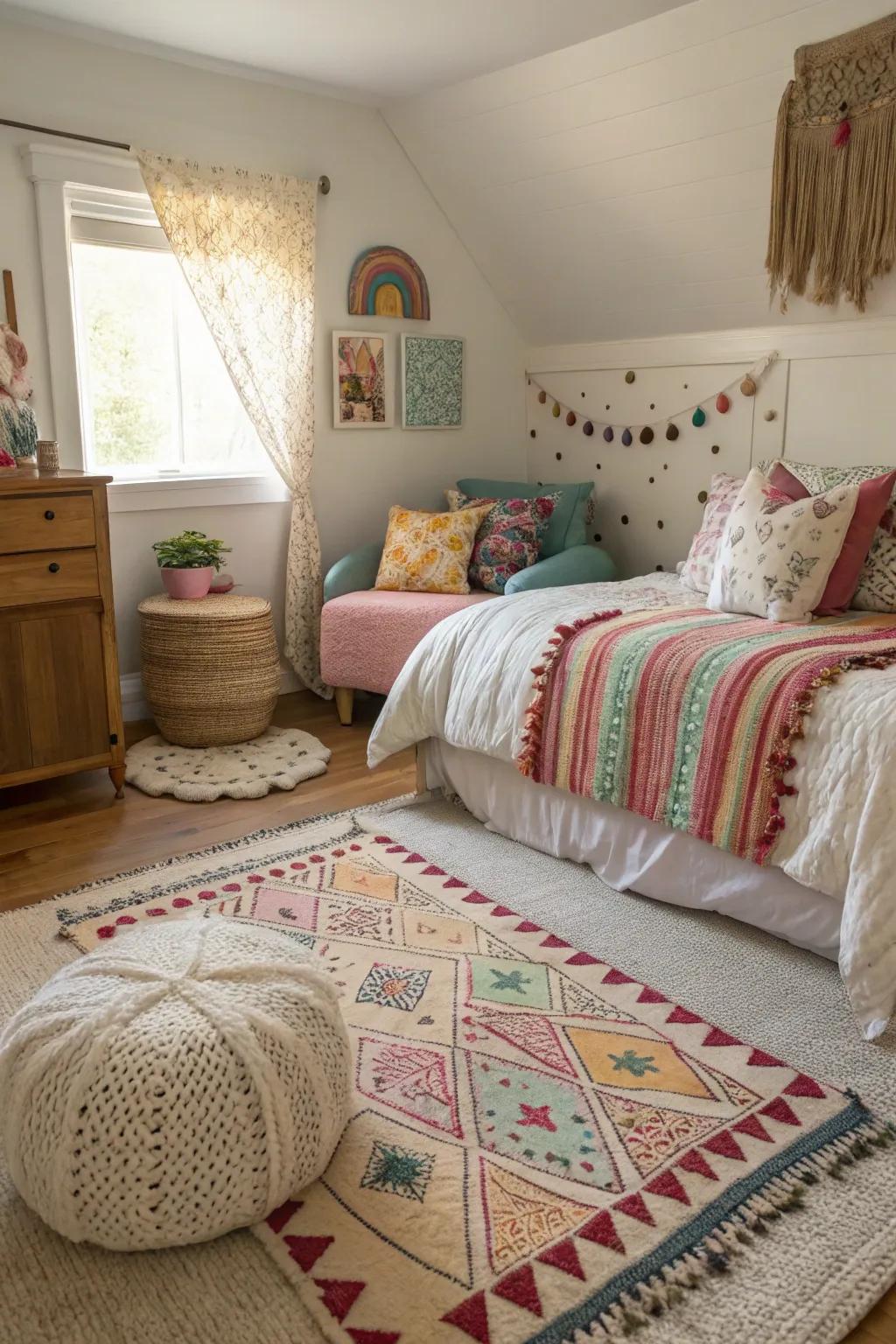 Layered textures injecting depth and warmth into the room.