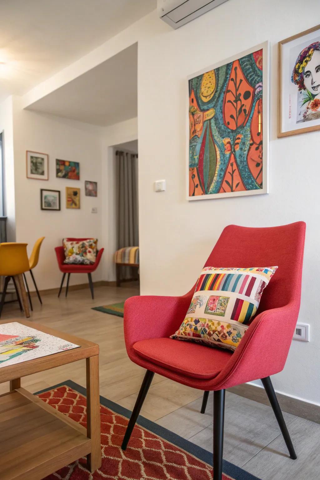 A neutral space is energized by a splash of color.