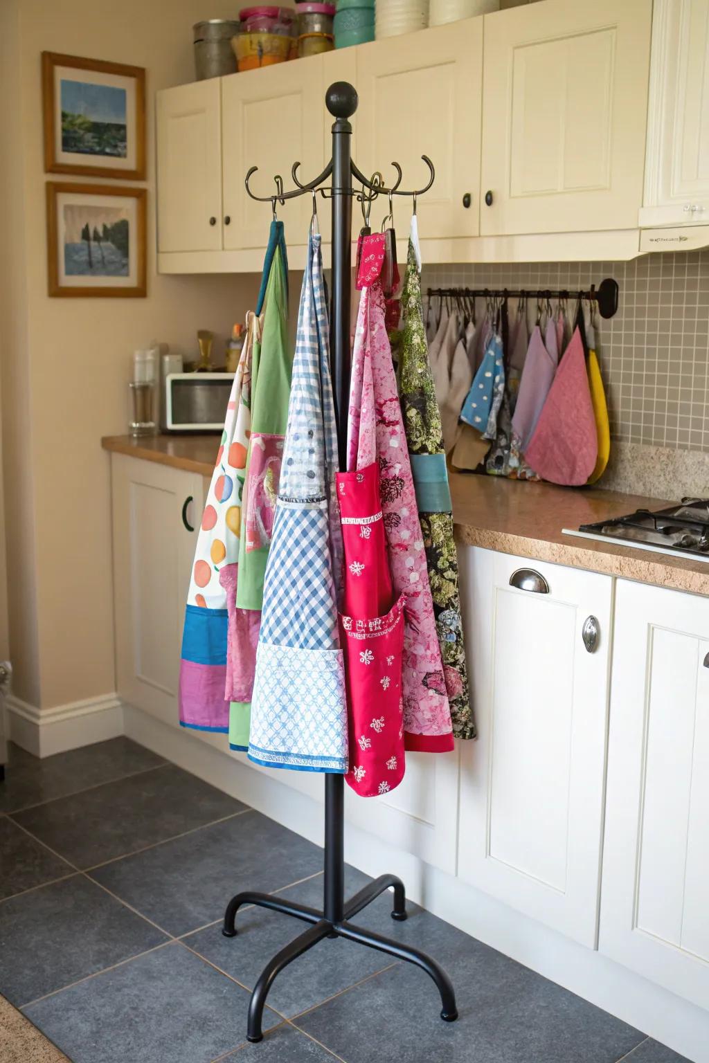 A movable apron stand offers flexibility and vertical storage.