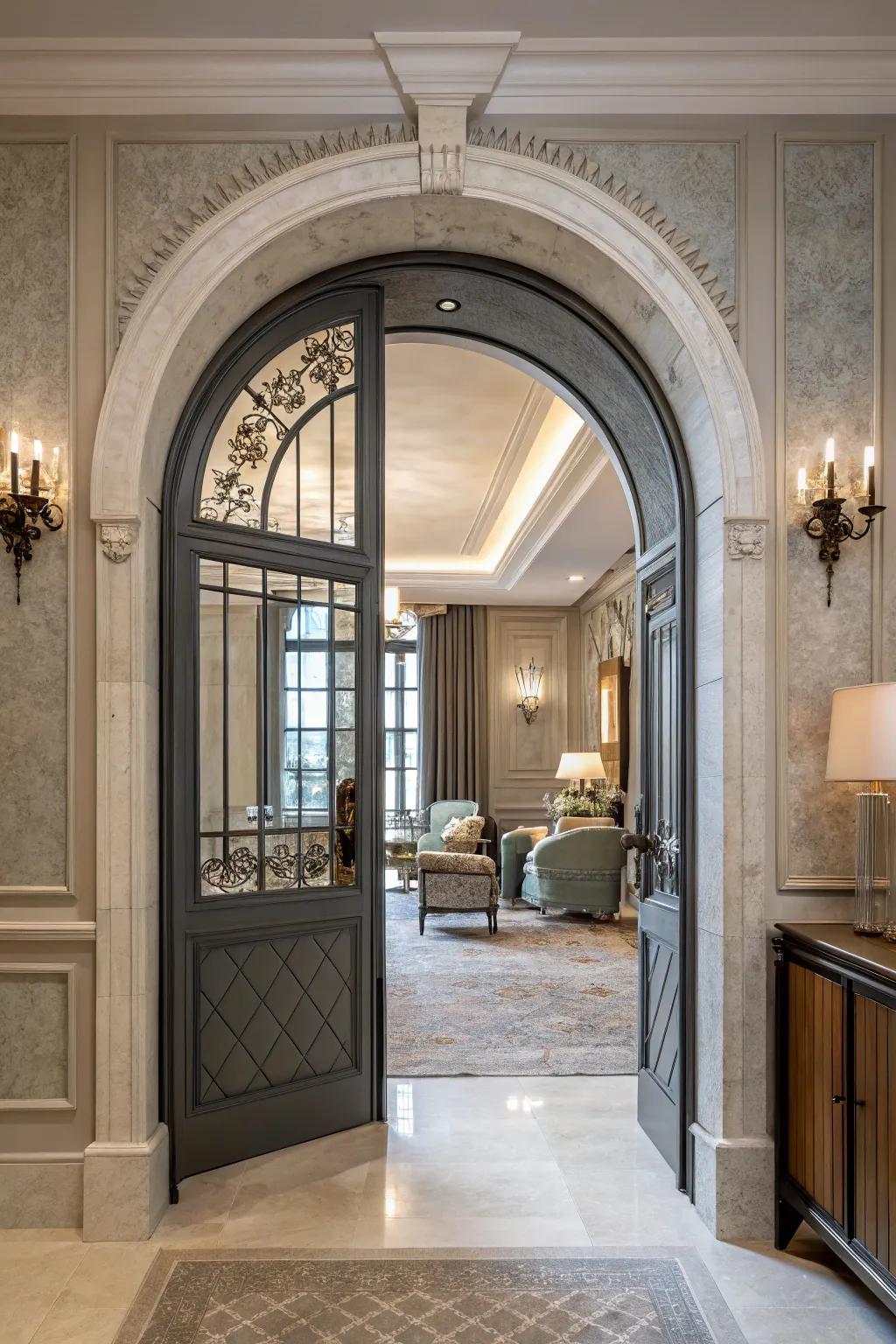 An archway door that artfully combines modern and vintage styles for a standout look.
