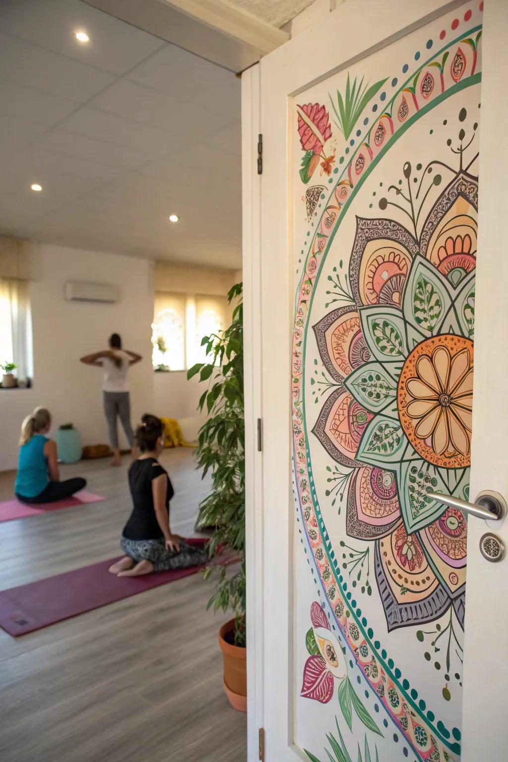A whirlwind-decorated door that enhances tranquility and focus.