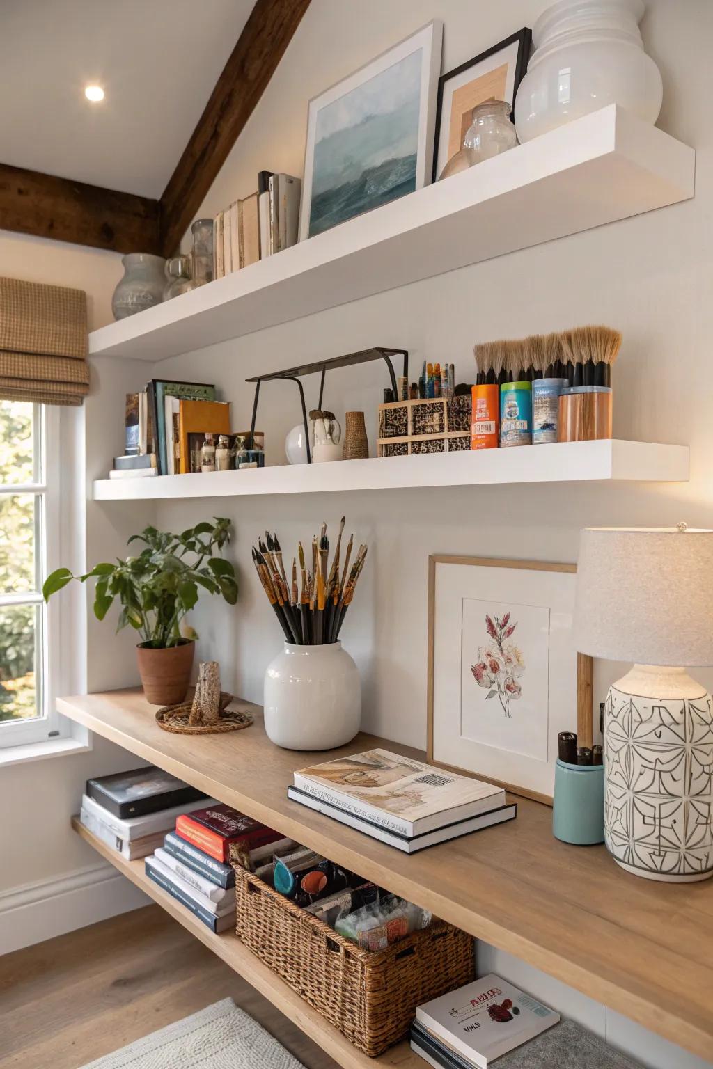 Floating shelves provide both style and function for your art supply storage.