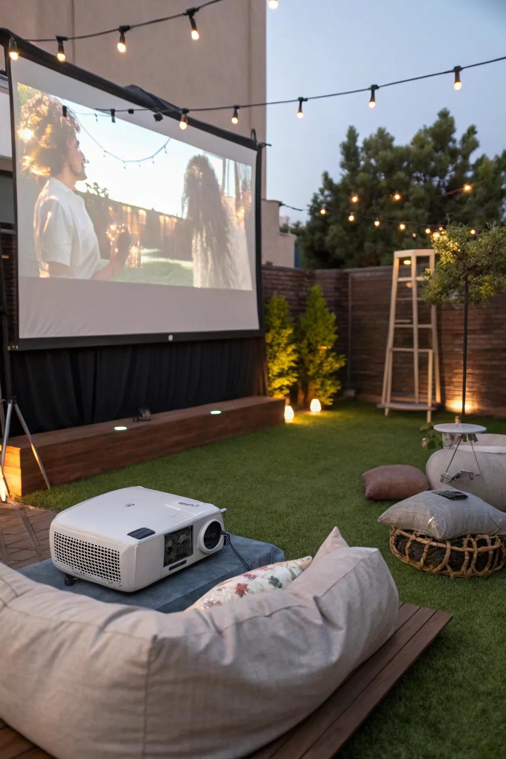 An enchanting outdoor movie theater set on green synthetic turf.