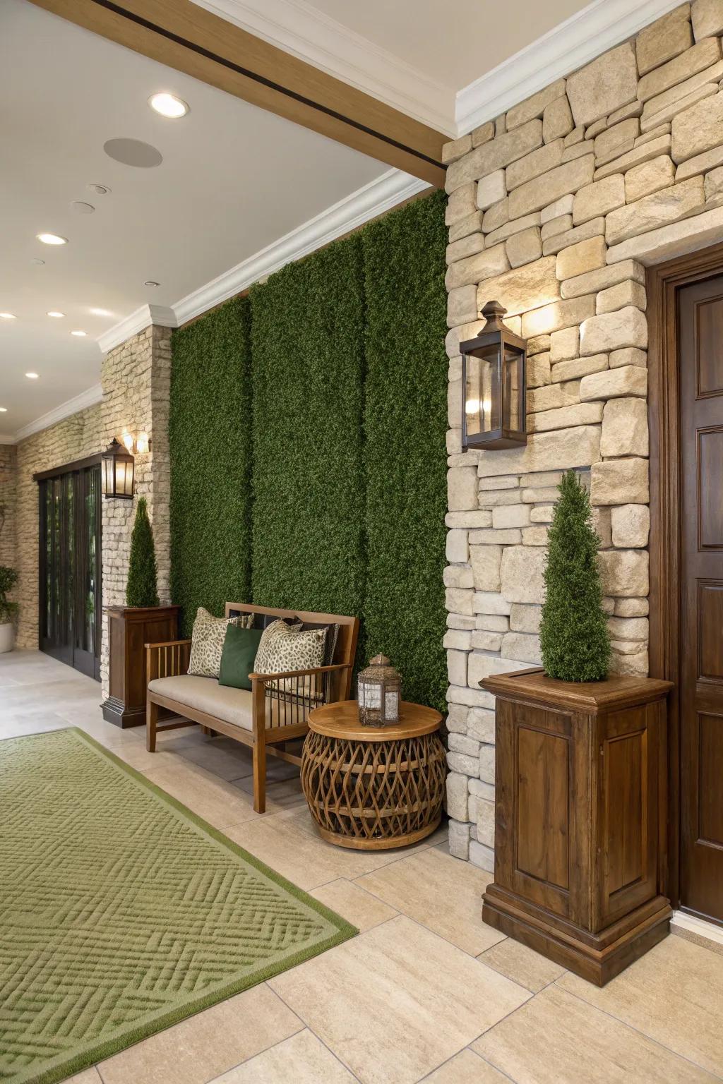 A space enriched by the combination of a faux verdant wall with wood and stone elements.
