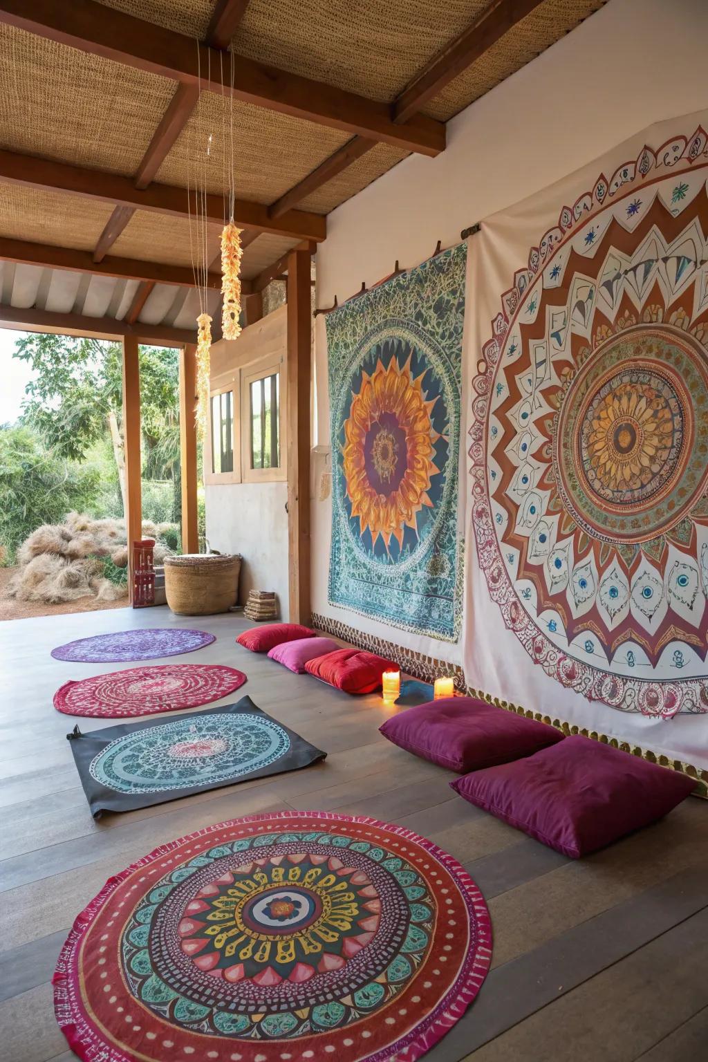 Circular patterns enhance harmony and focus in the meditation area.
