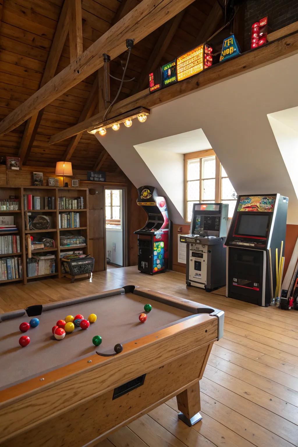 Make your attic the center of entertainment with a game room setup.