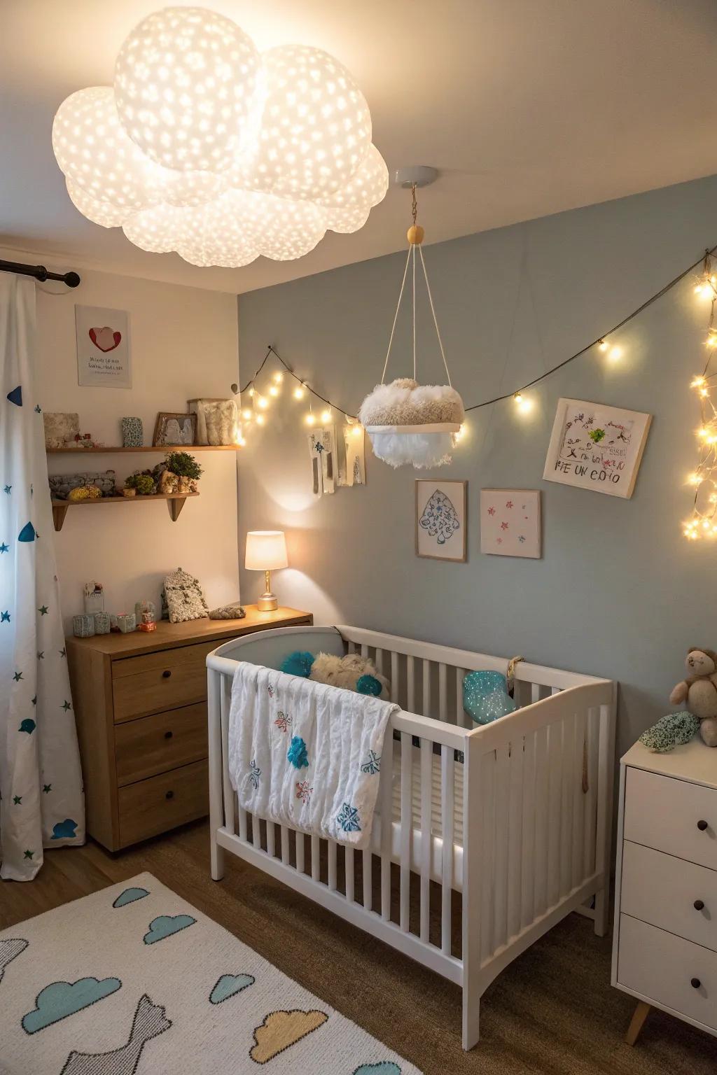 Themed lighting fixtures add a magical touch to the nursery.