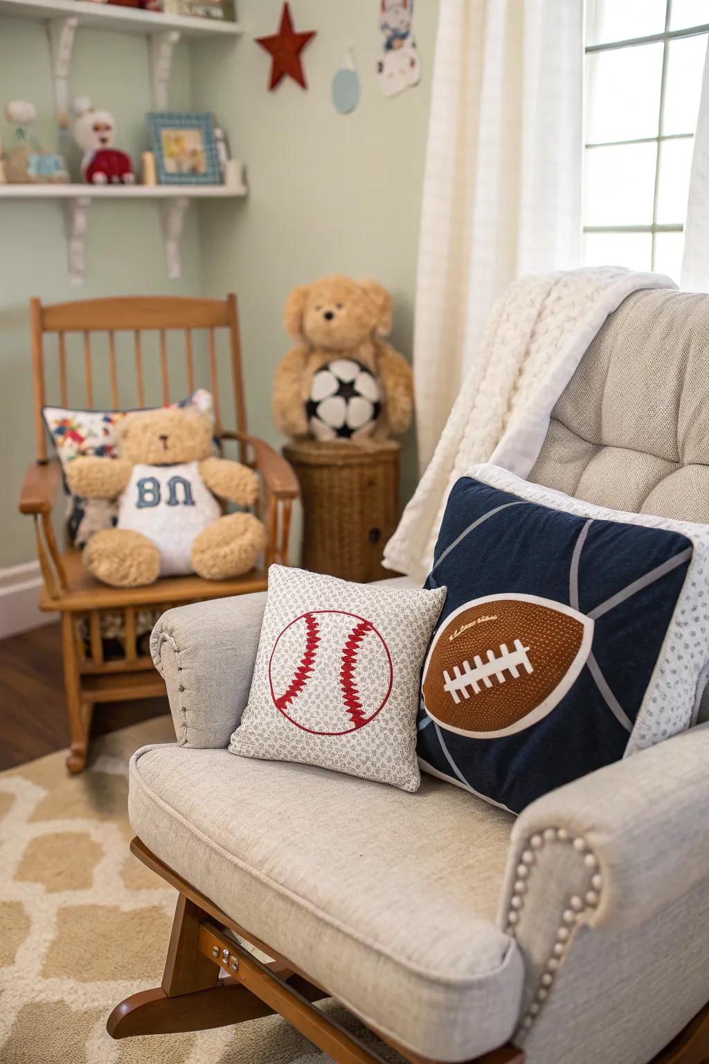 Textured sports pillows add comfort and thematic consistency to the nursery.