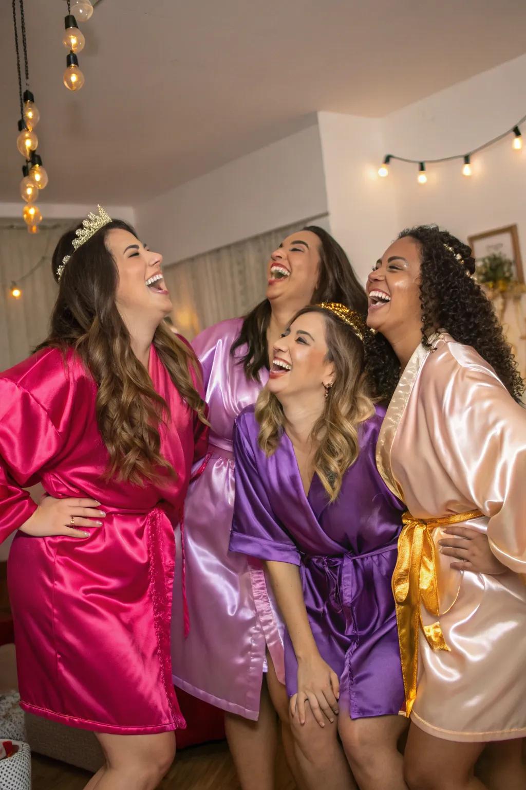 A group of women sporting luxurious satin kimonos.