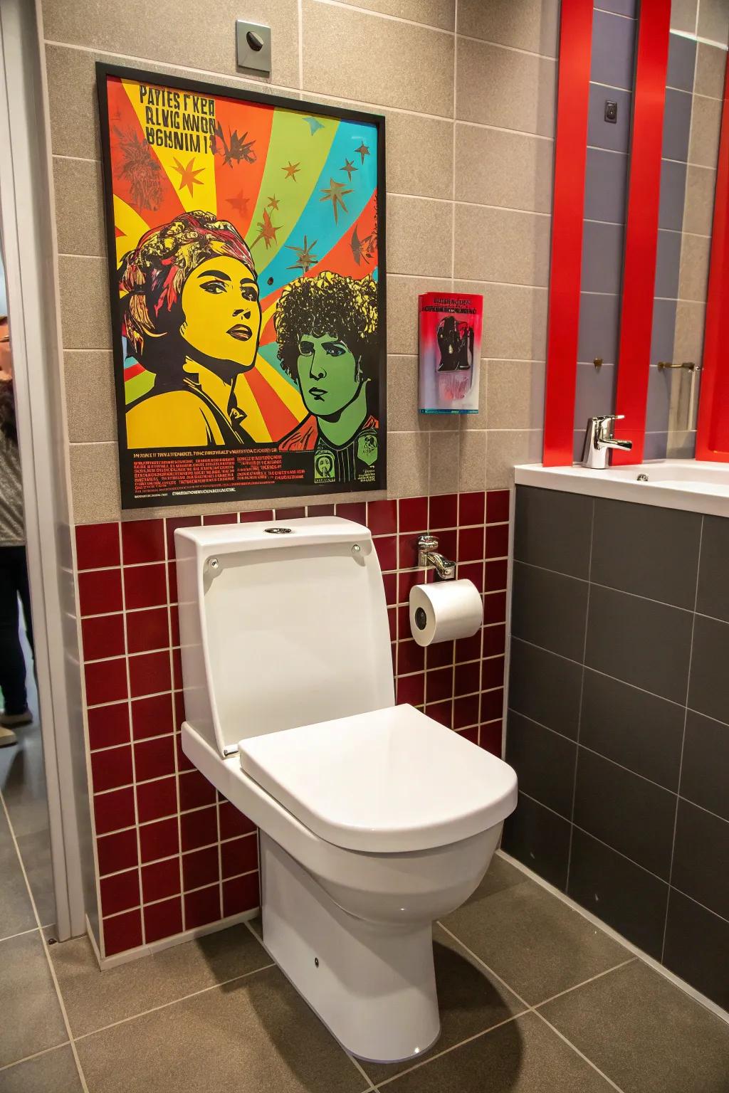 A bold poster adds a vibrant touch to the bathroom.