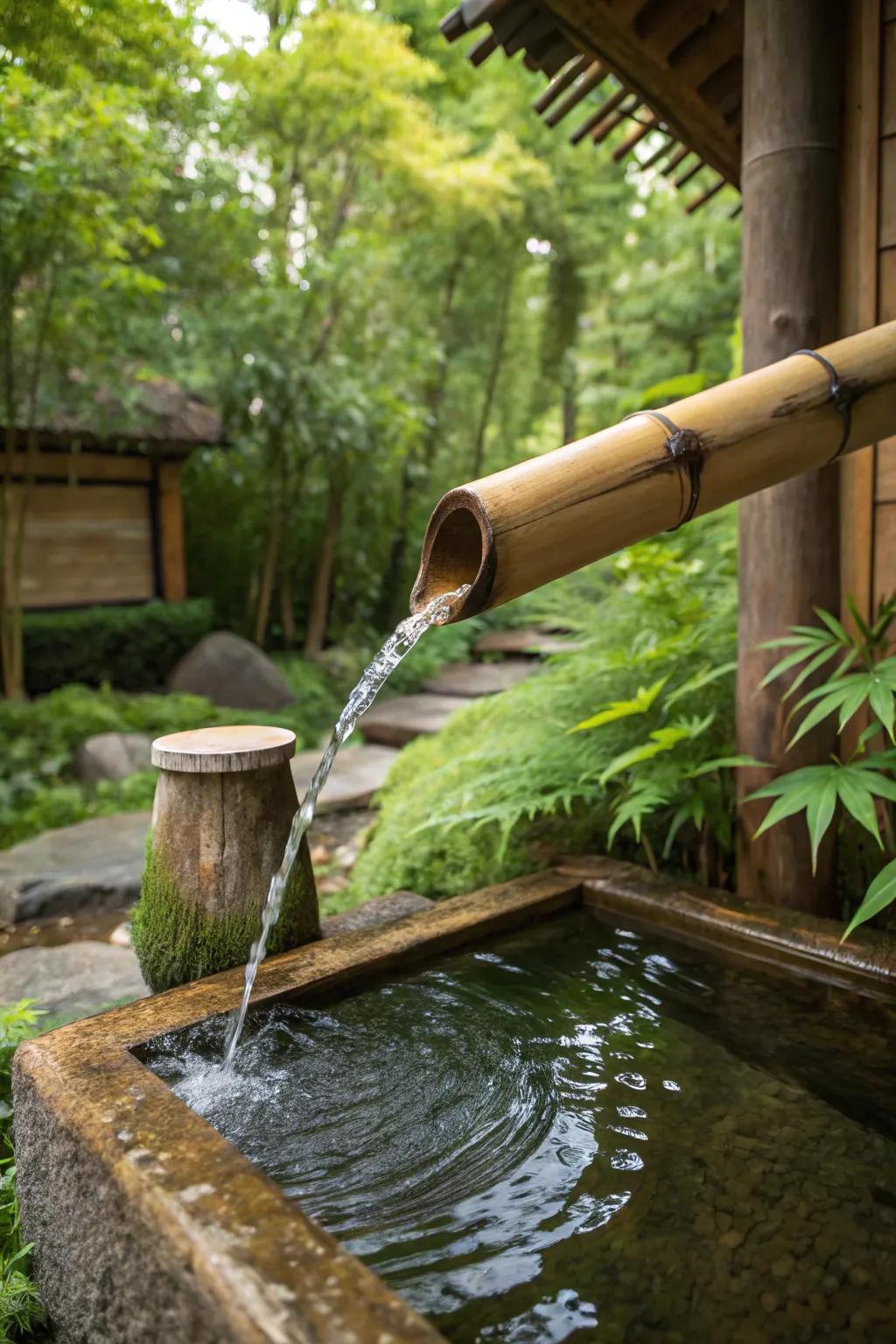 A bamboo water feature brings East Asian tranquility to your garden.