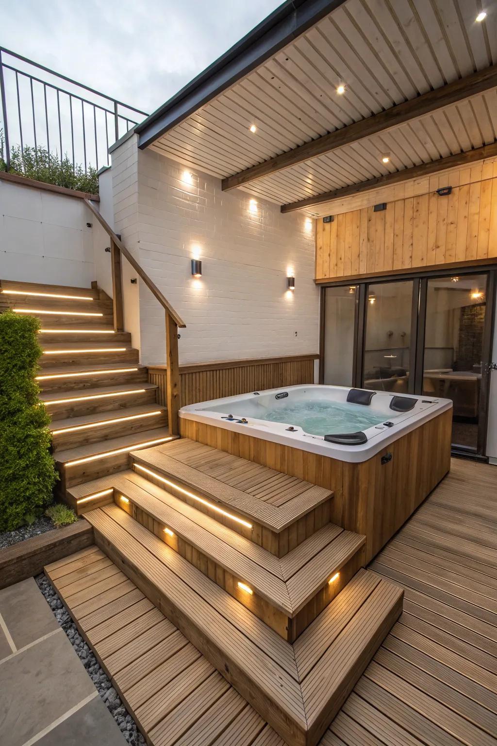 Varying heights attach dimension and interest to your hot tub area.
