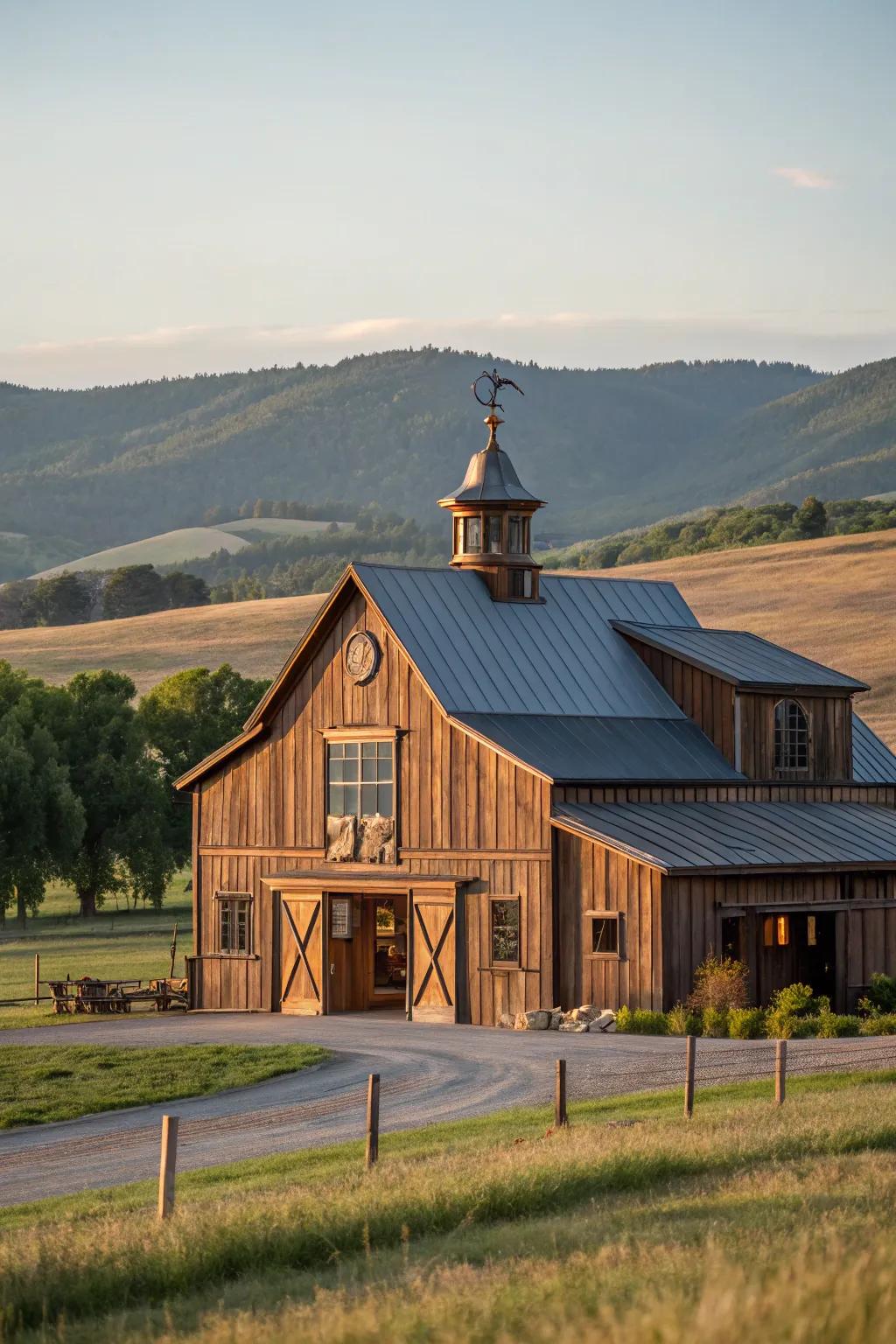 A barn with elegant bronze highlights that enhance its overall design.