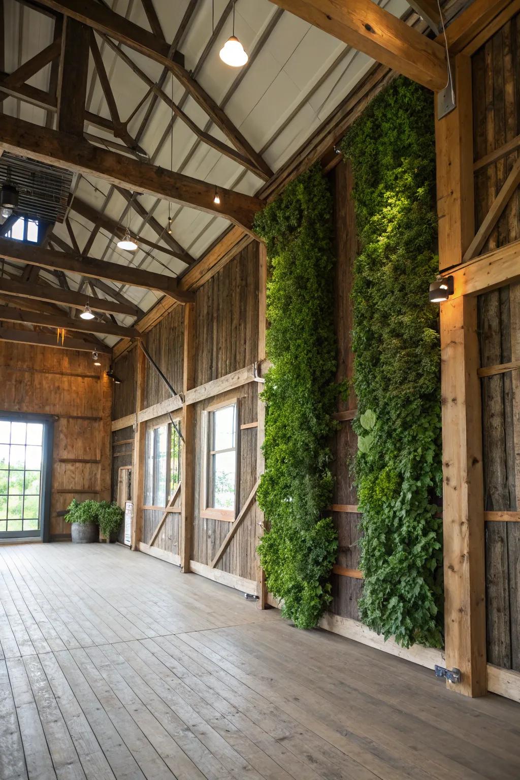A barn loft rejuvenated by an upright garden wall, merging nature with design.
