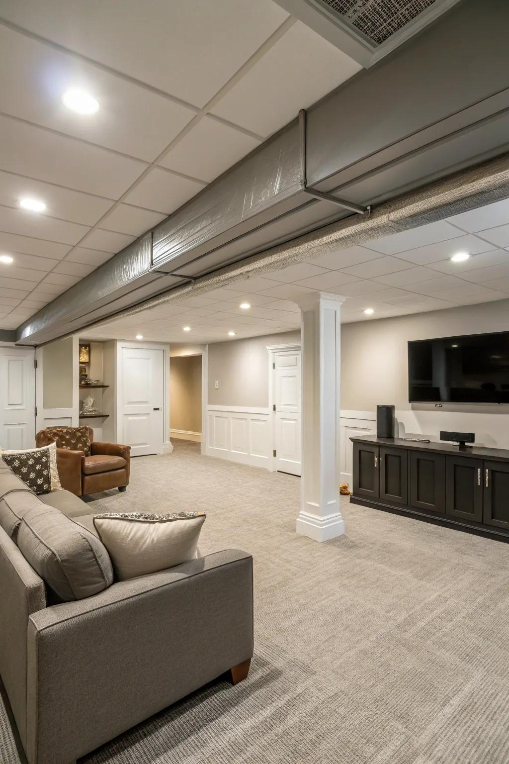 Embrace simplicity with a minimalist design approach to basement ceilings.