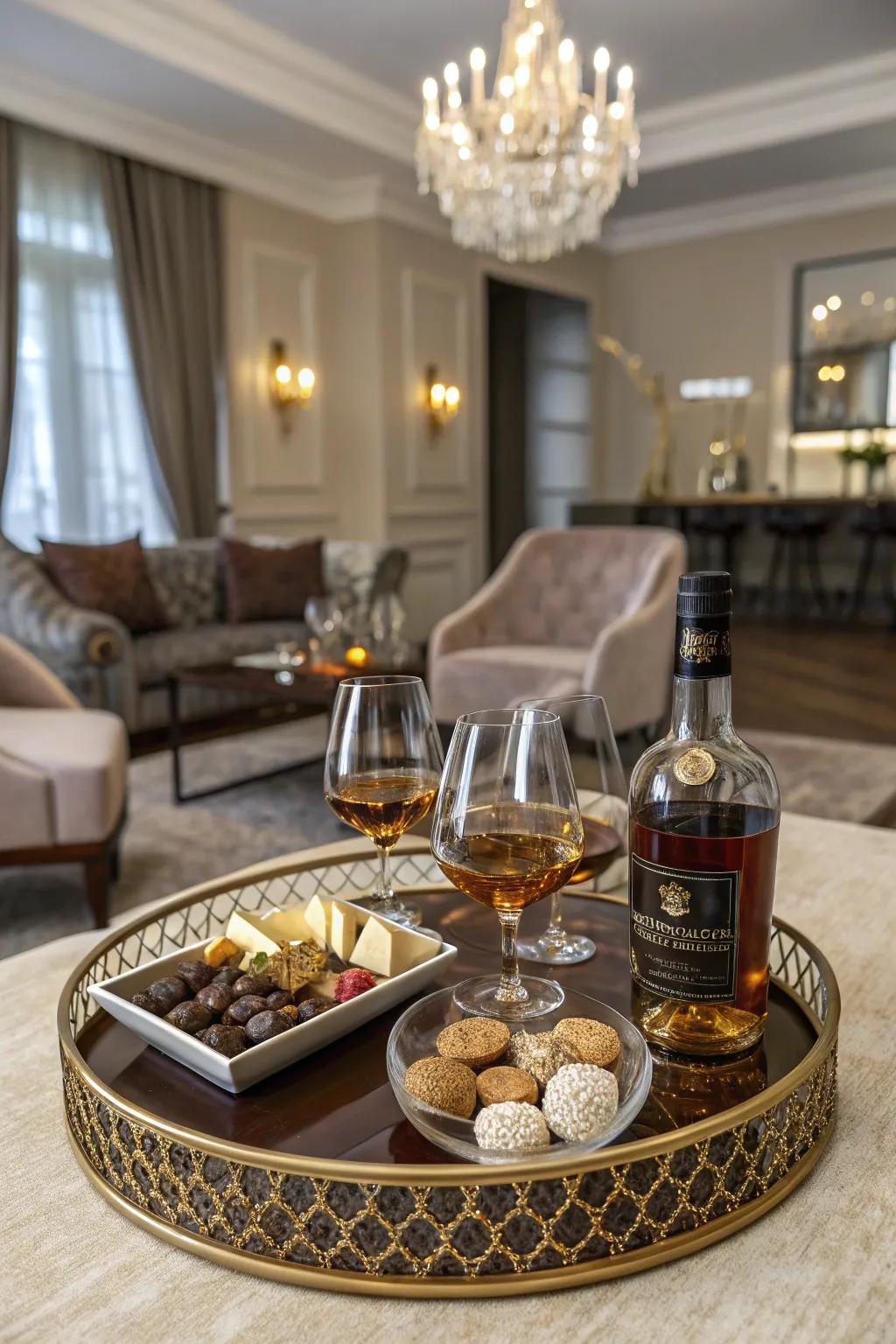 An ornamental tray serves both as a base and a lasting element of the basket.