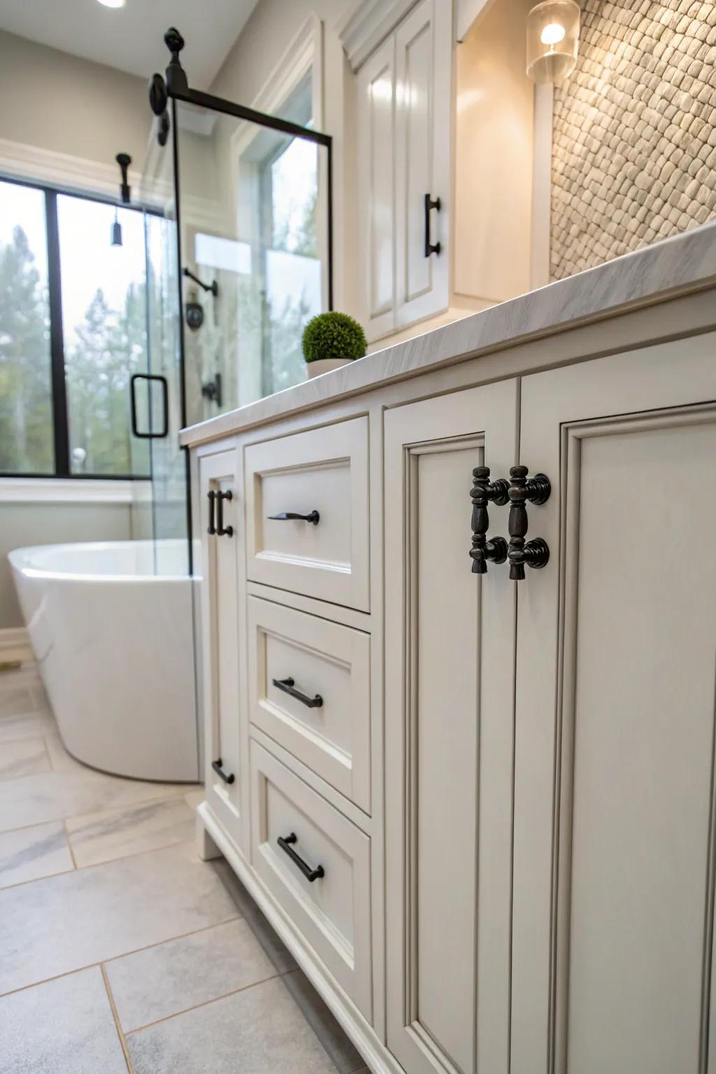 Unique hardware can instantly refresh your bathroom shelves.