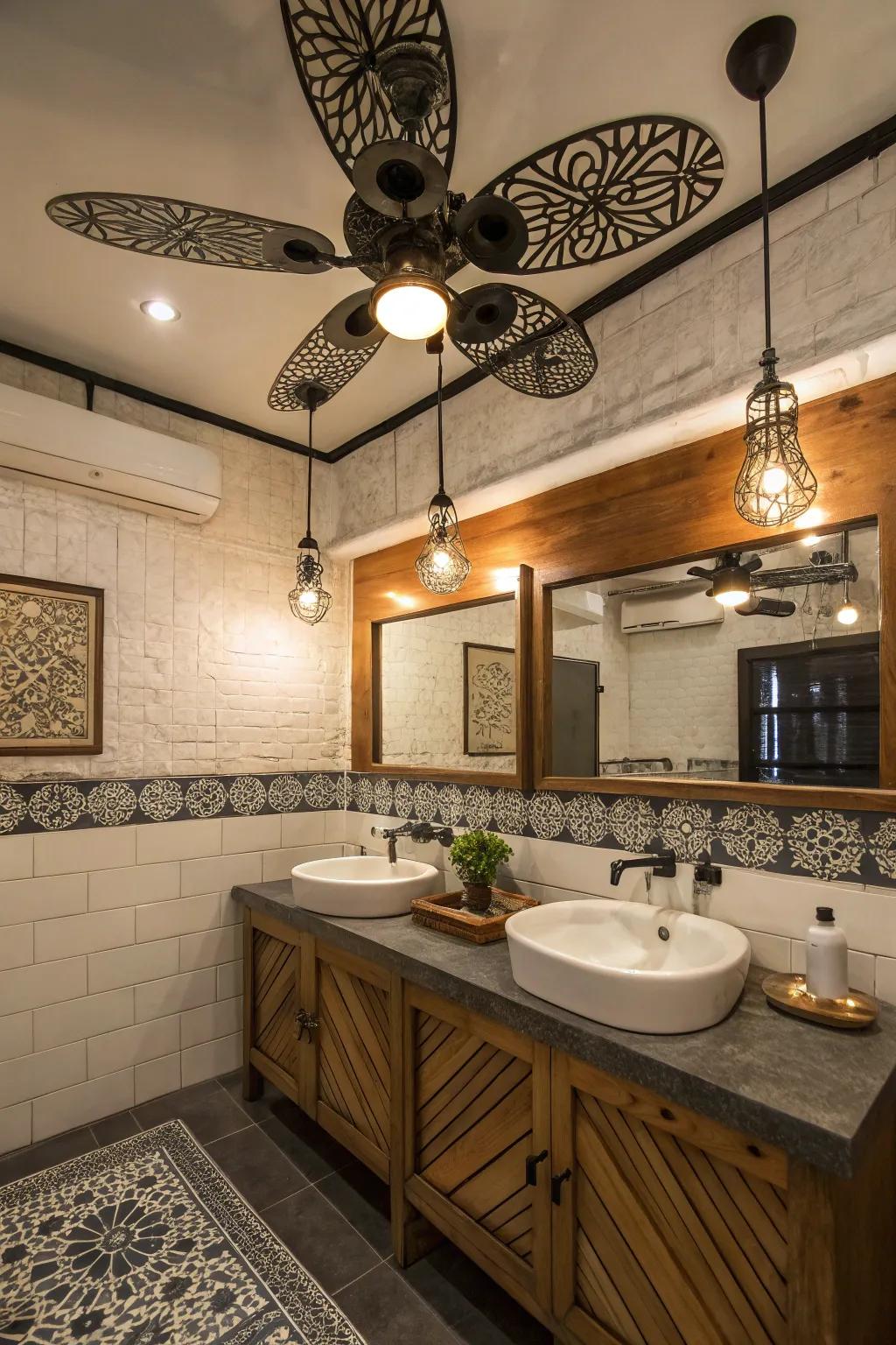 An eclectic bathroom showcasing a unique and personalized fan design.