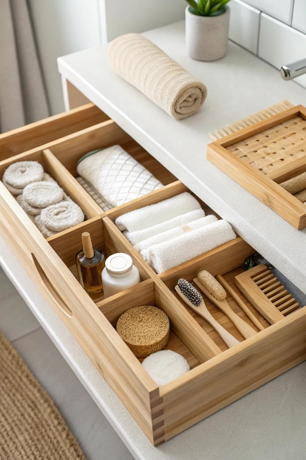 Natural materials add warmth and sustainability to your drawer arrangement.