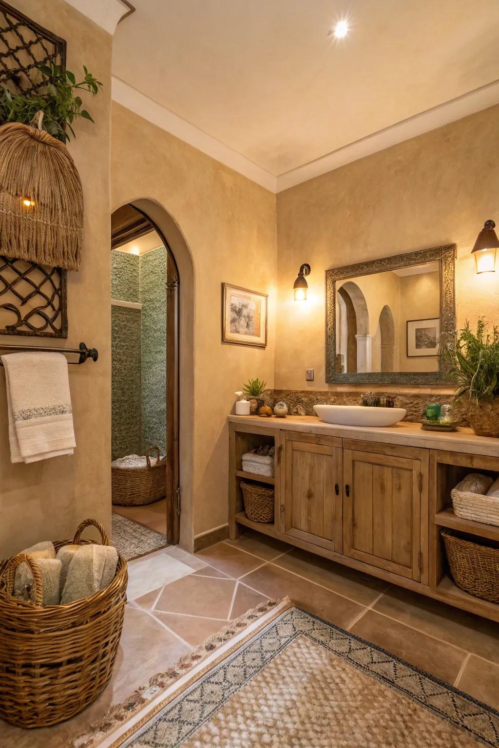 Comforting cream walls offer a comforting and grounded bathroom atmosphere.
