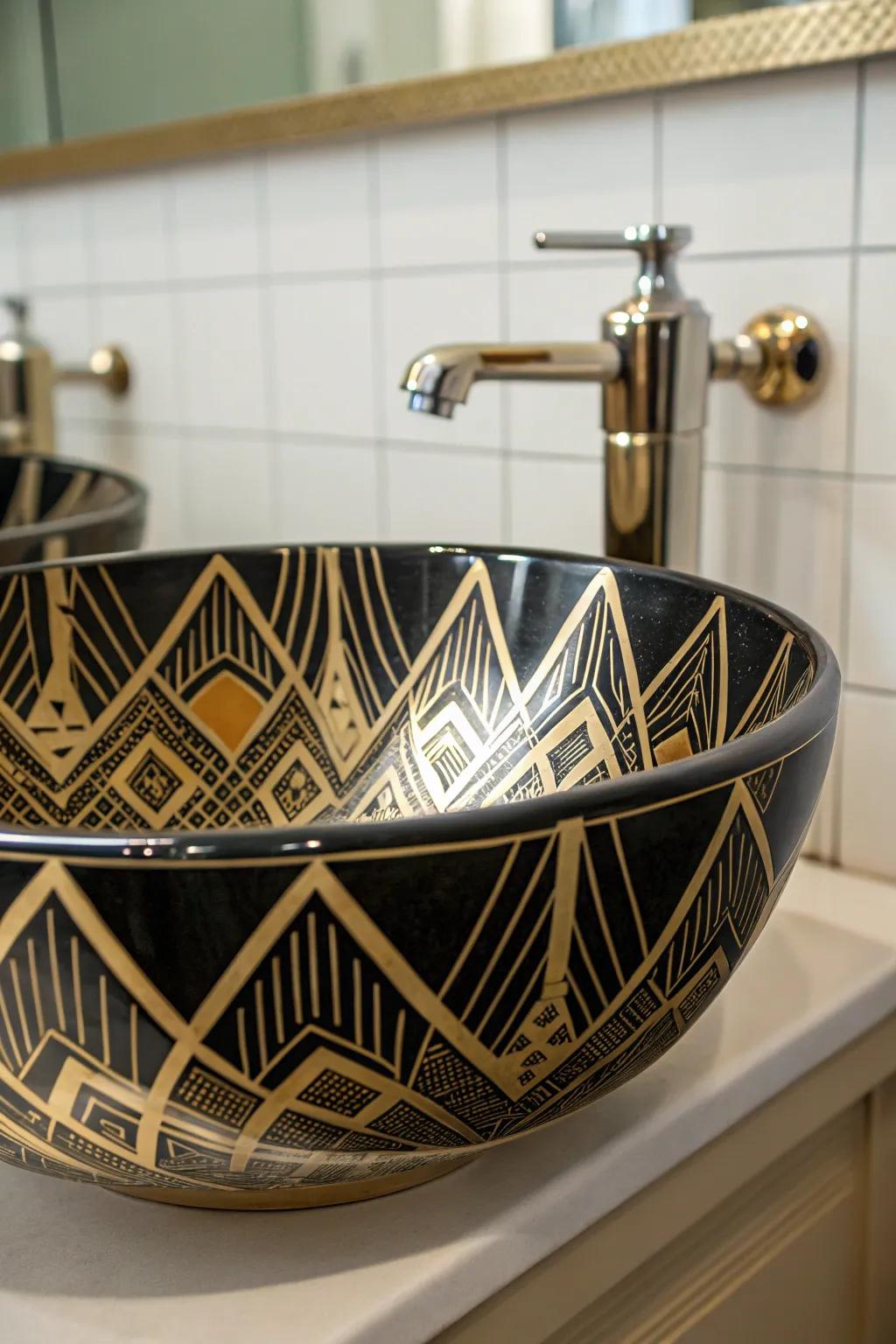 An Art Deco sink radiates timeless glamour.