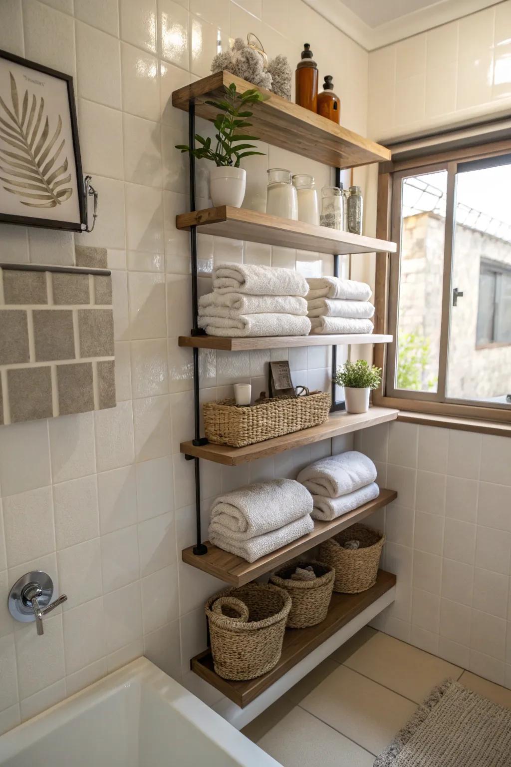 Tiered boards offer a dynamic and practical way to store towels.