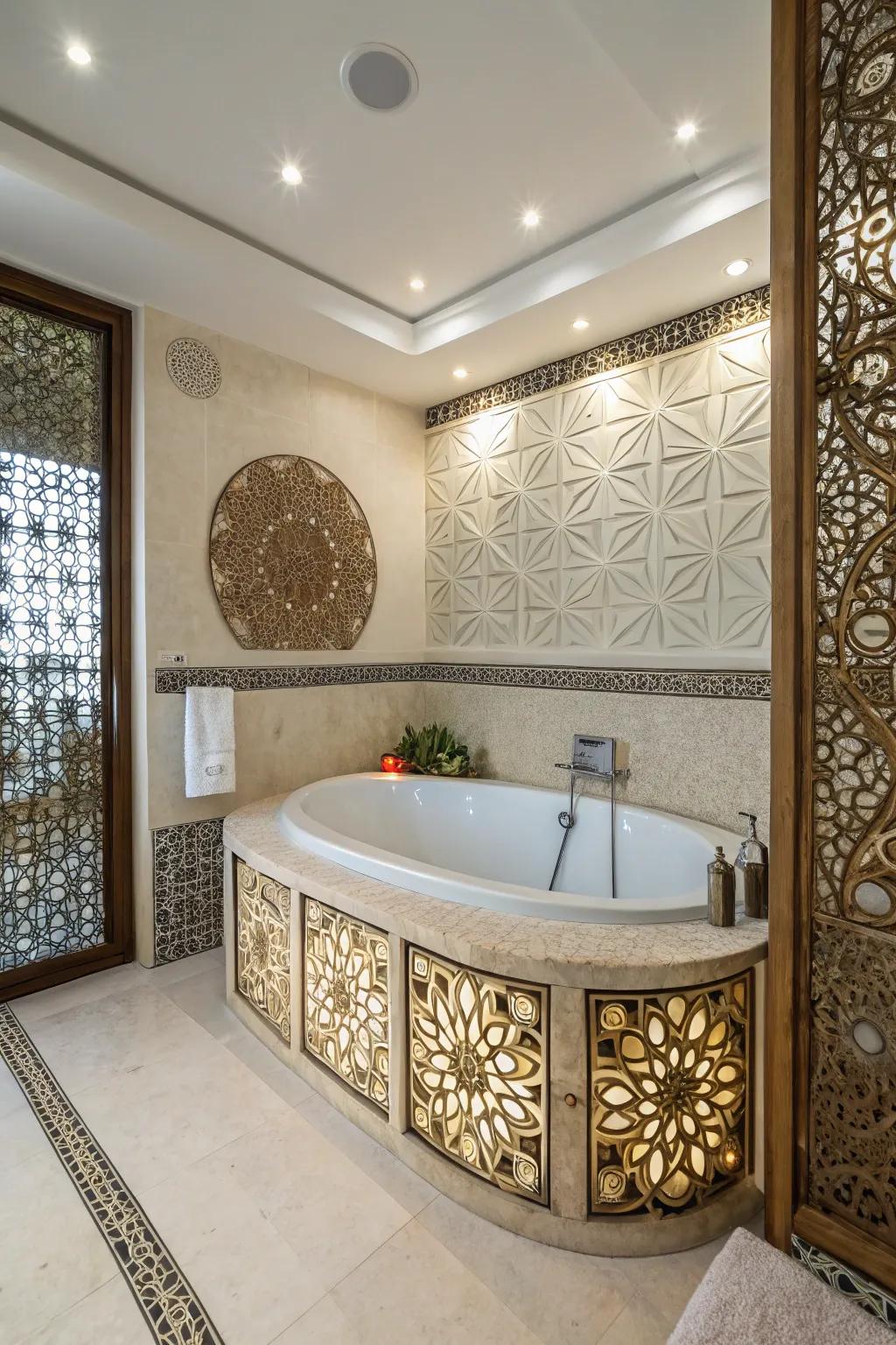 Transform your tub into a centerpiece using an artistic enclosure.