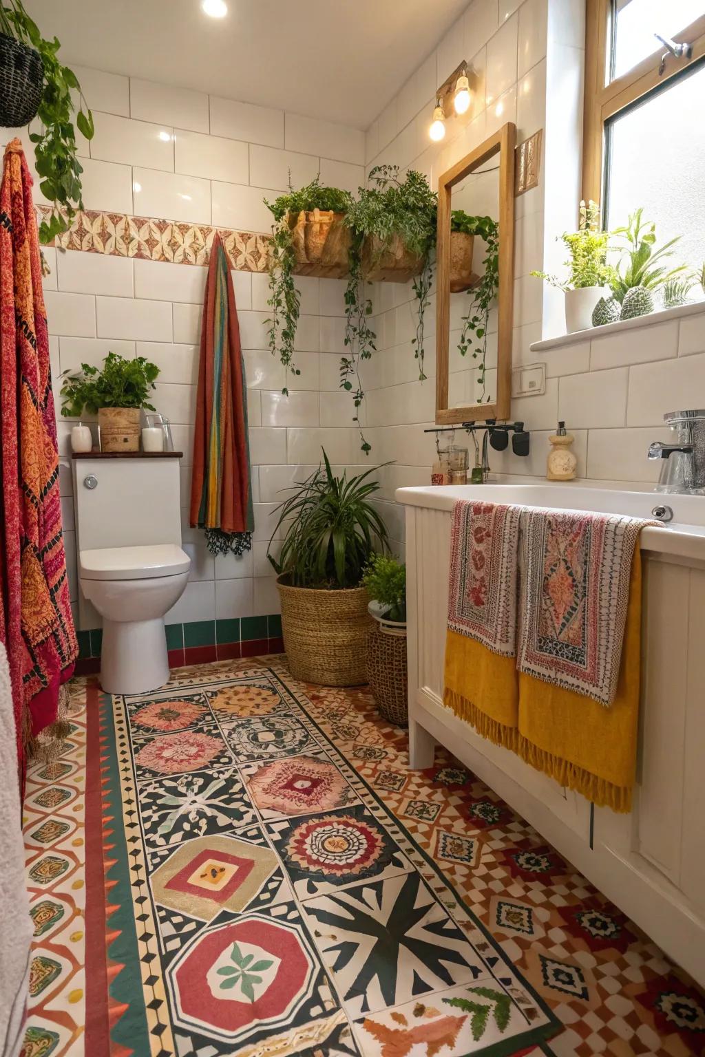 Bohemian-style resilient flooring adds a whimsical touch to this eclectic bathroom.