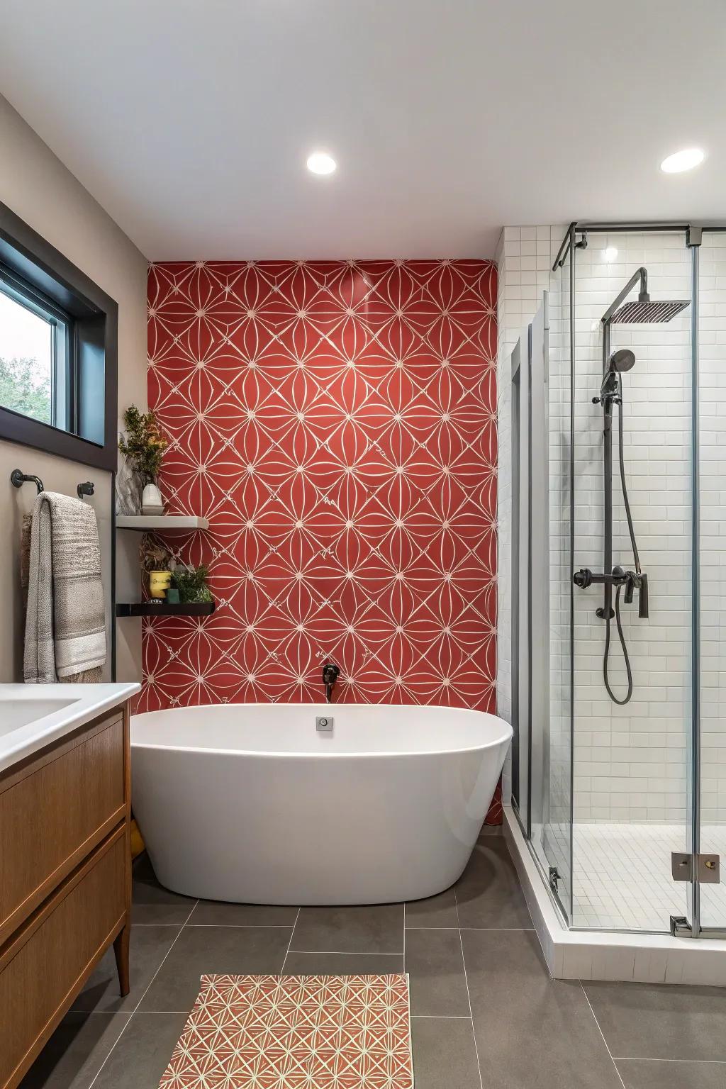 Striking emphasized wall making a remarkable statement within the bathroom.