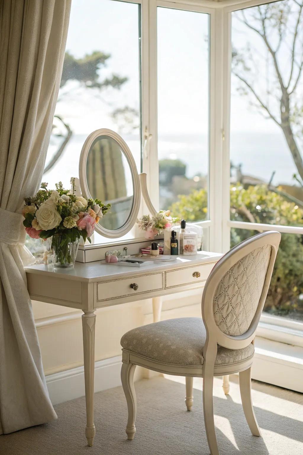 A glamorous dressing area in the bay window enhances your daily self-care routine.