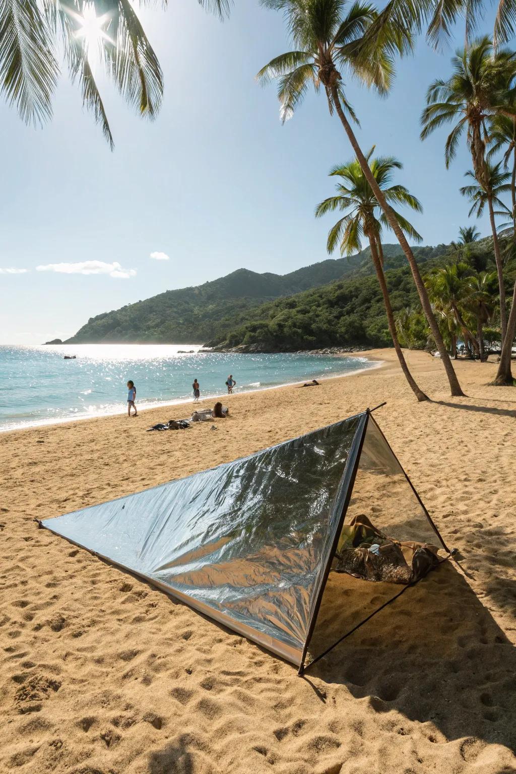 Heat-reflecting tarps reduce heat and are easy to set up for beach comfort.