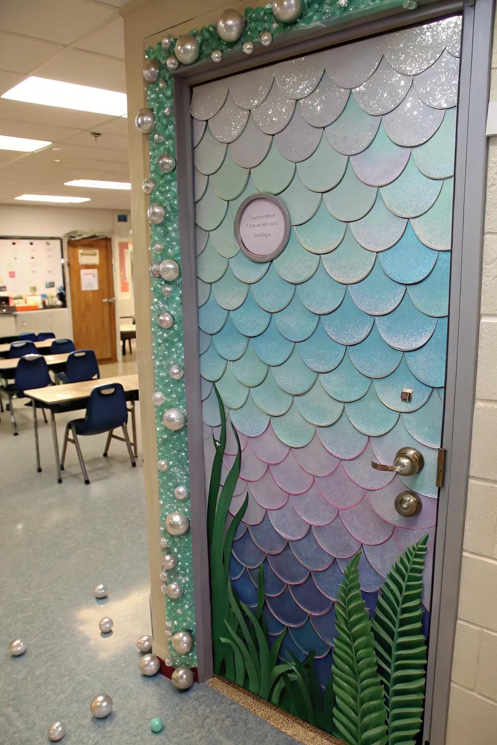 Classroom entrance transformed into a mystical merfolk's haven.