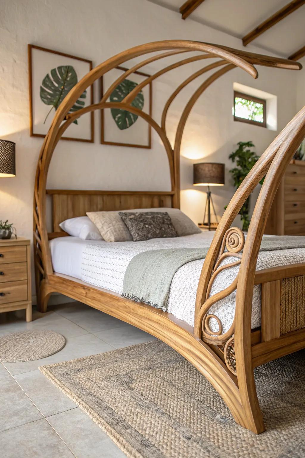 A bed frame with shapes from nature makes things feel smooth and balanced.