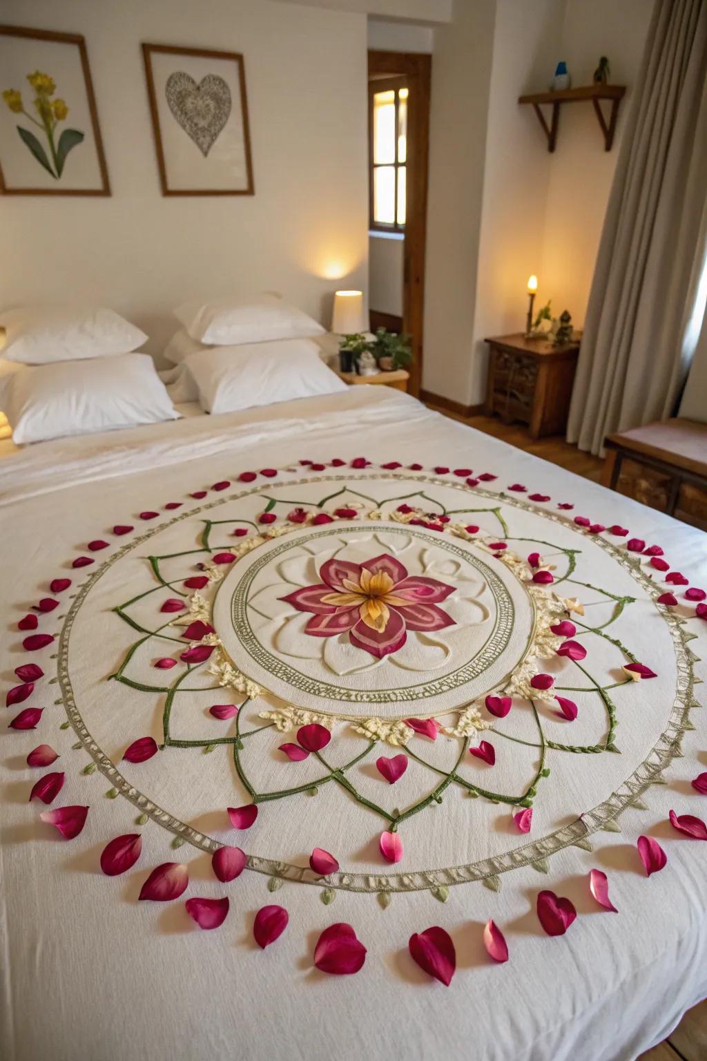 A creative floral round design forming a stunning floral mandala on the bed.