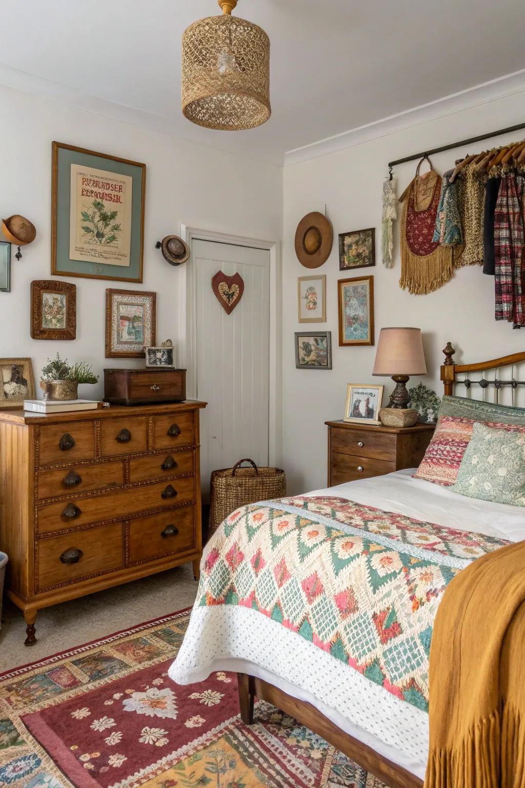 Eclectic vintage finds add unique character and charm to this personalized bedroom.