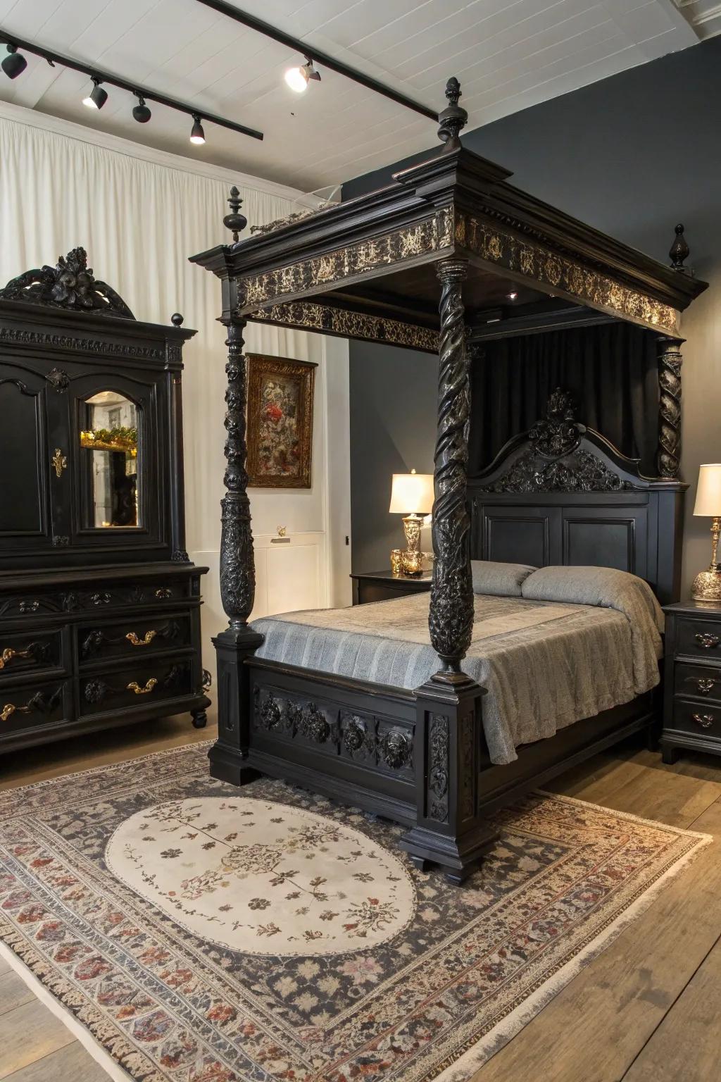 Vintage accessories add character and create contrast within a space furnished with modern dark pieces.