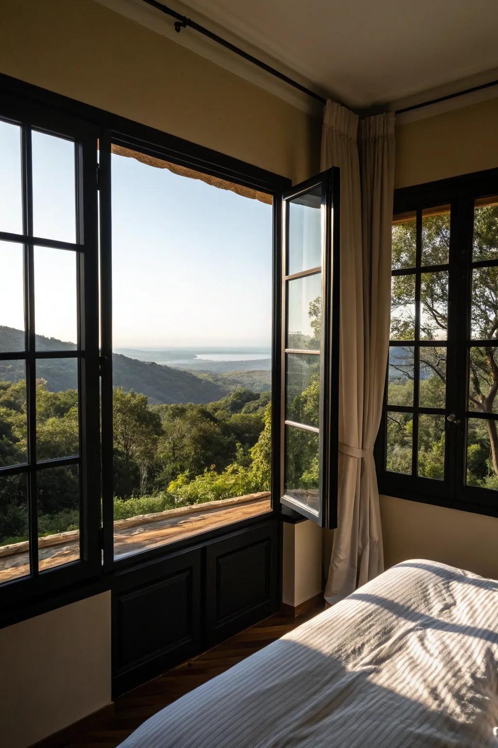 Dark window frames add a bold and modern touch.