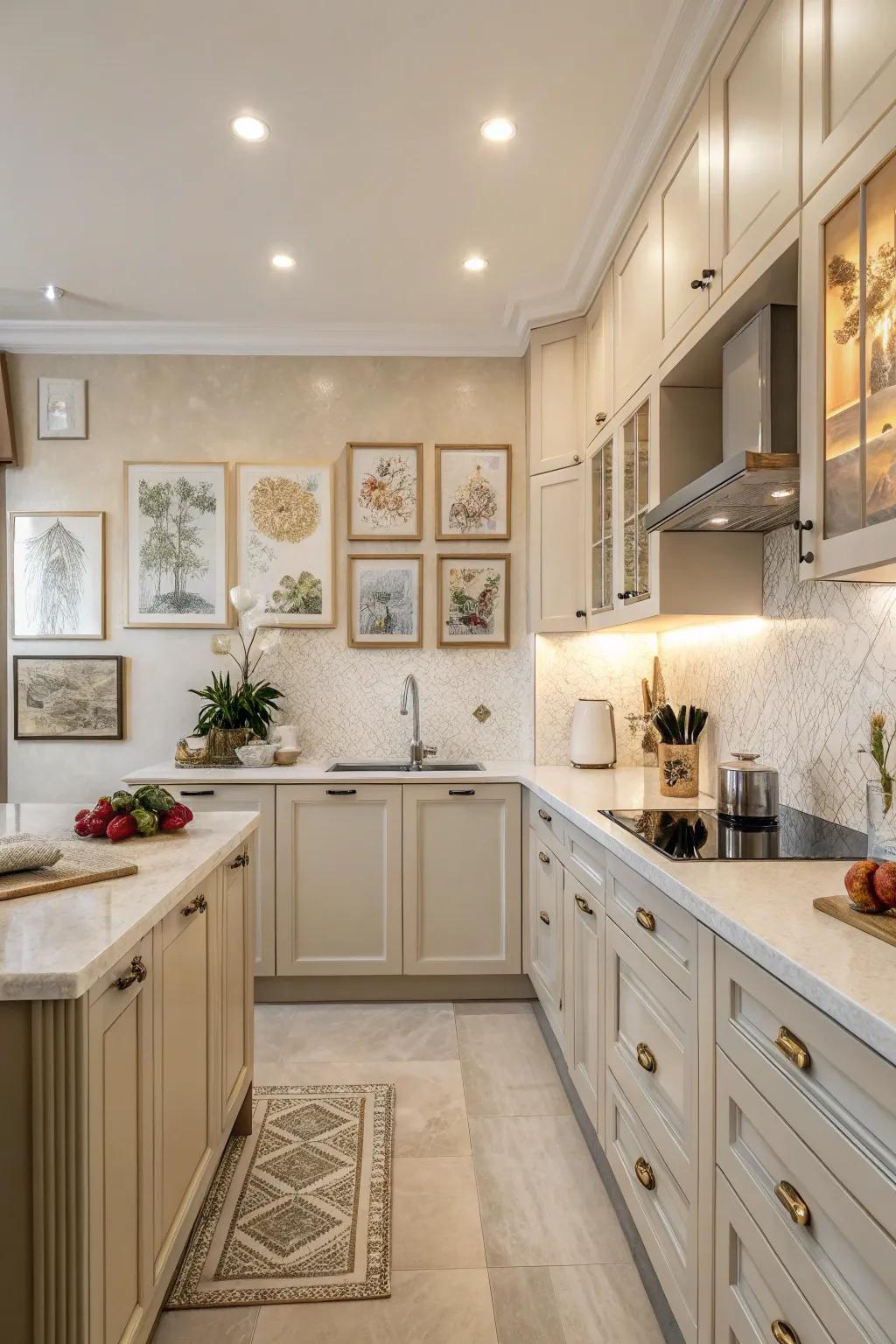 Art pieces contribute character and act as visual magnets in the kitchen.