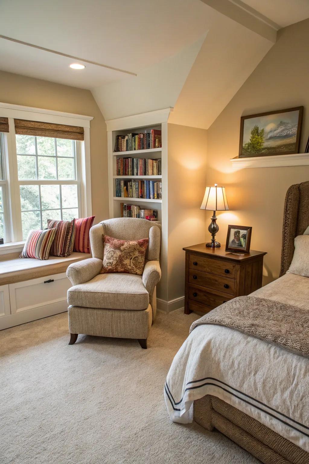 A quiet corner offers a peaceful escape in this bedroom that features a beige carpet.