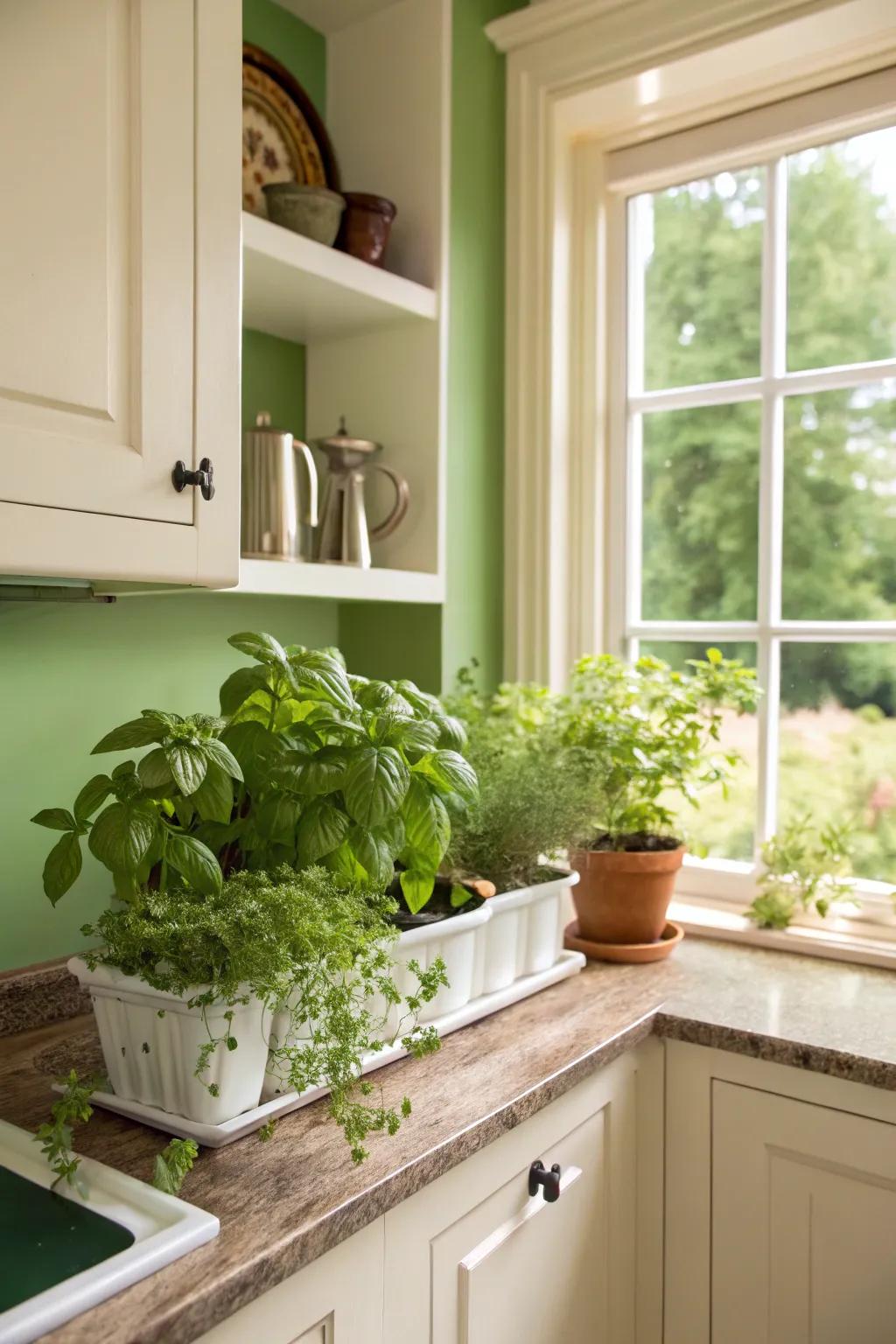 A fresh and welcoming kitchen with herb green walls.