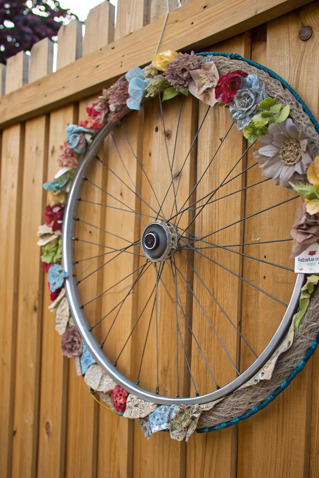 An upcycled bicycle wheel wreath with recycled materials for eco-friendly elegance.