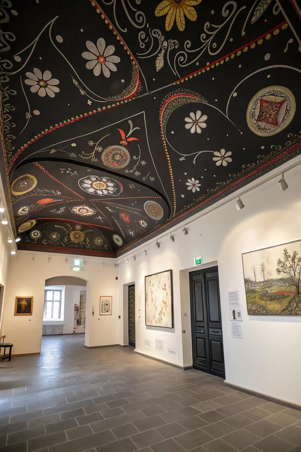 An artistic room design where a black ceiling becomes a creative painting.
