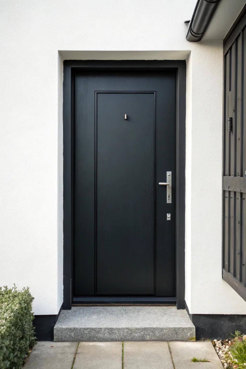 A minimalist dark-toned entrance showcasing modern simplicity and beauty.