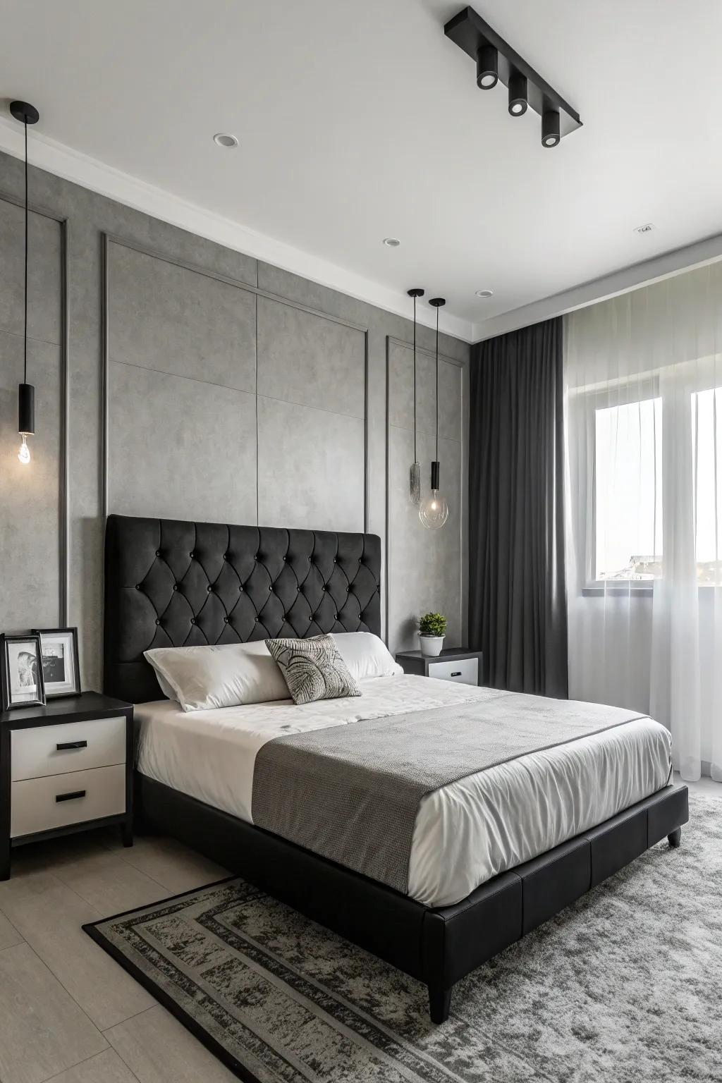 Chic bedroom showcasing a monochrome palette and dark headboard