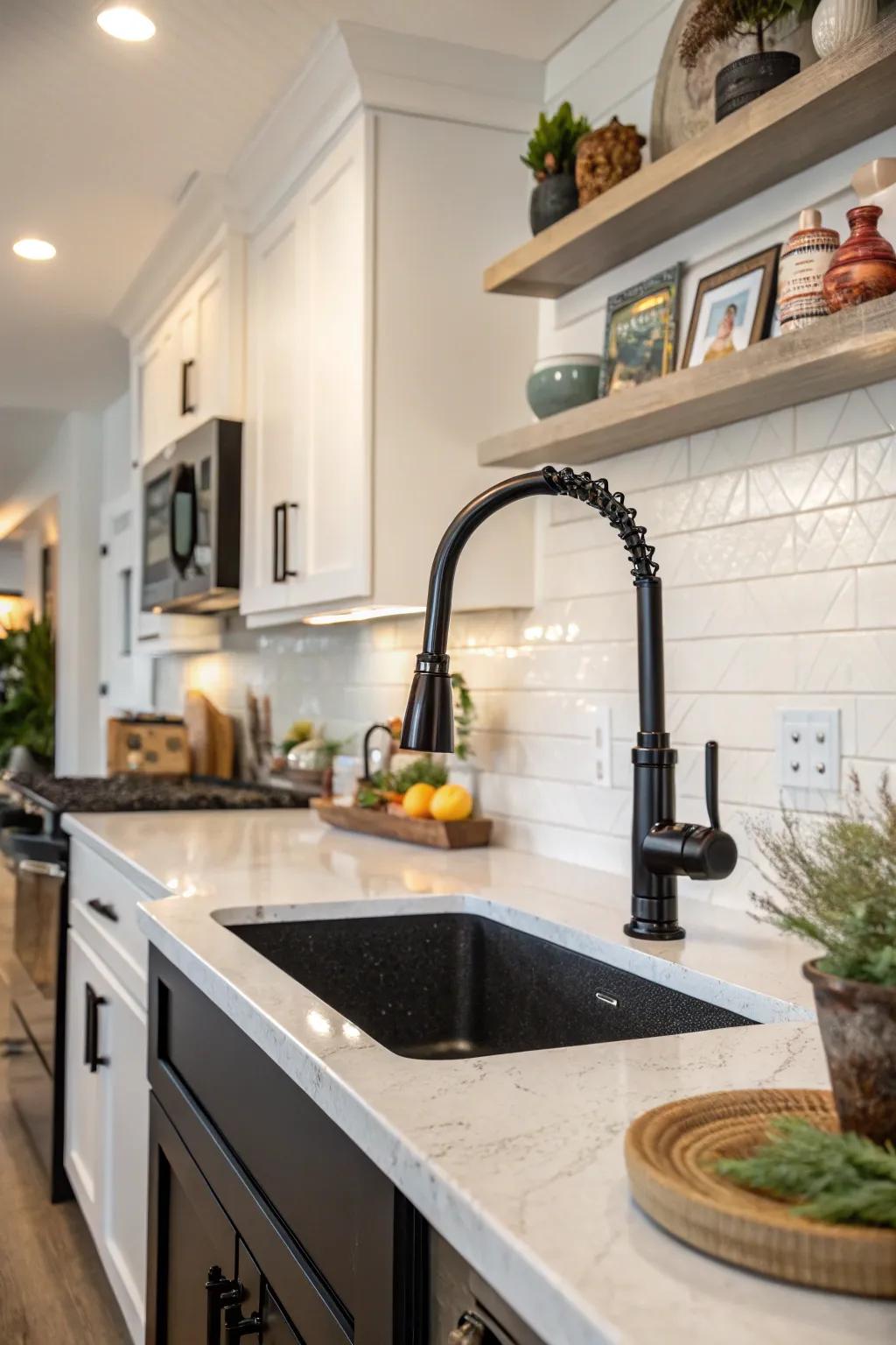 Artistic flair is evident in this kitchen, highlighted by a uniquely designed dark toned faucet.