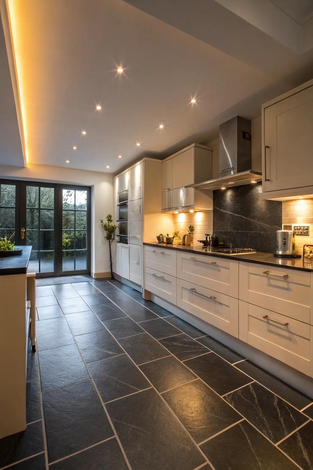An elegant kitchen with flat black floors for a soft look.