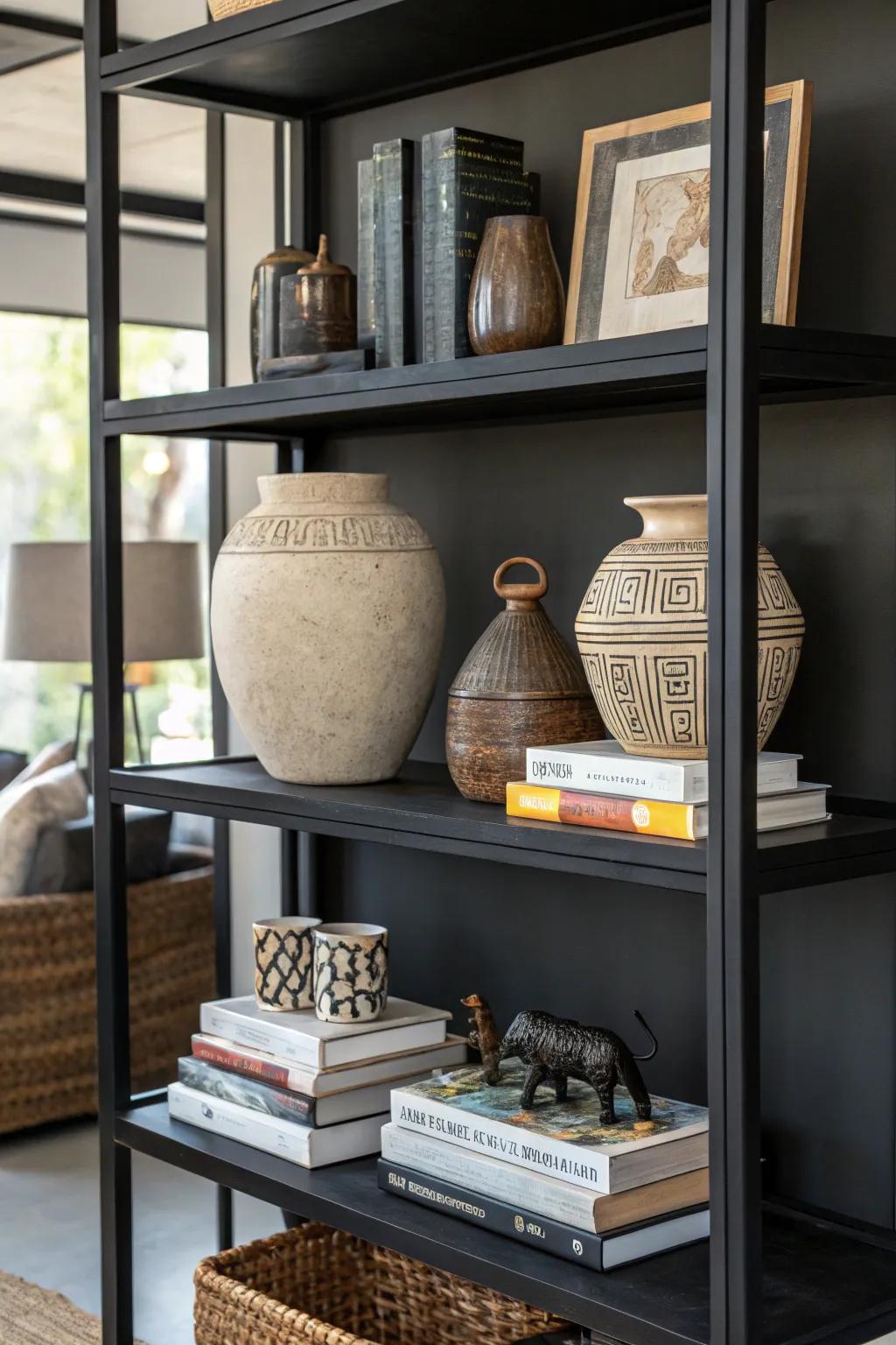 A mix of decor pieces creating visual interest.