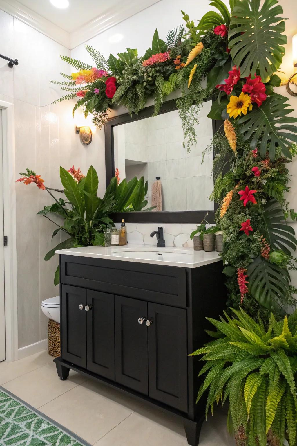 Botanical decor brings a vibrant and refreshing element to a dark vanity bathroom.