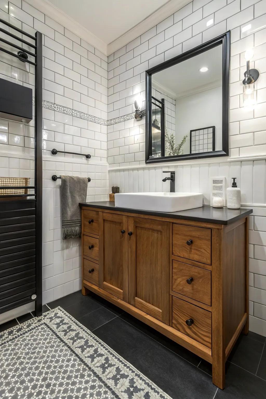 Wood elements introduce warmth and natural balance to this bathroom.